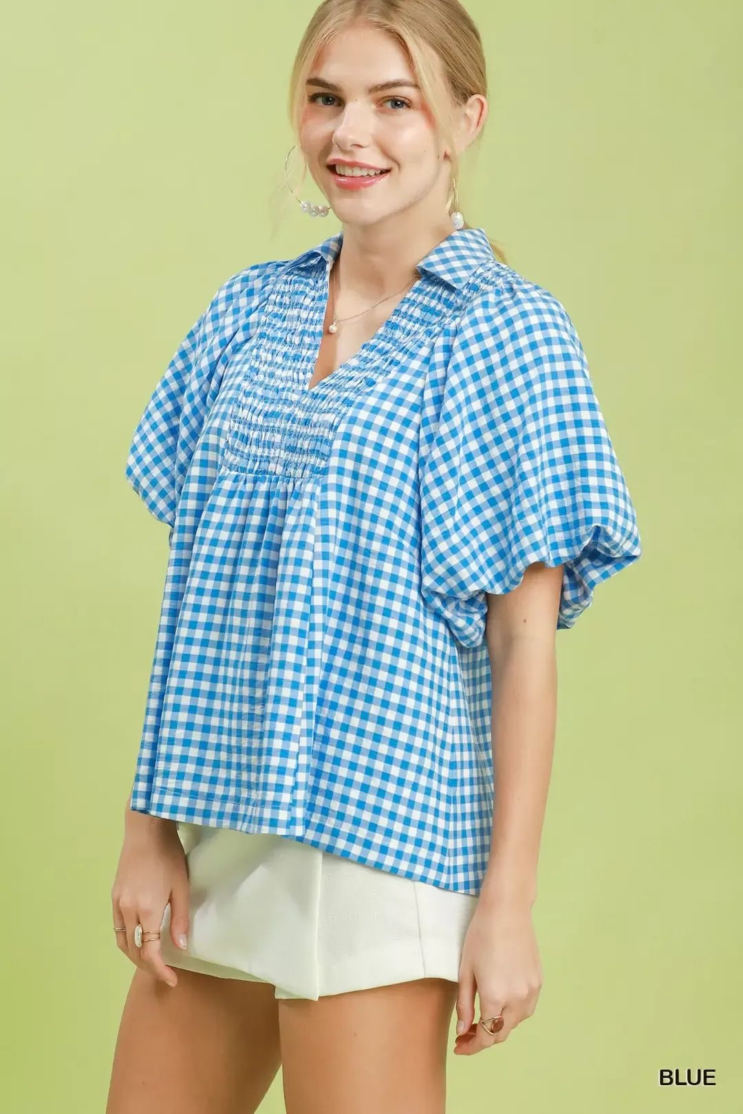 Umgee Smocked Yoke Puff Sleeve Gingham Blouse - Bitsy Gypsy Boutique