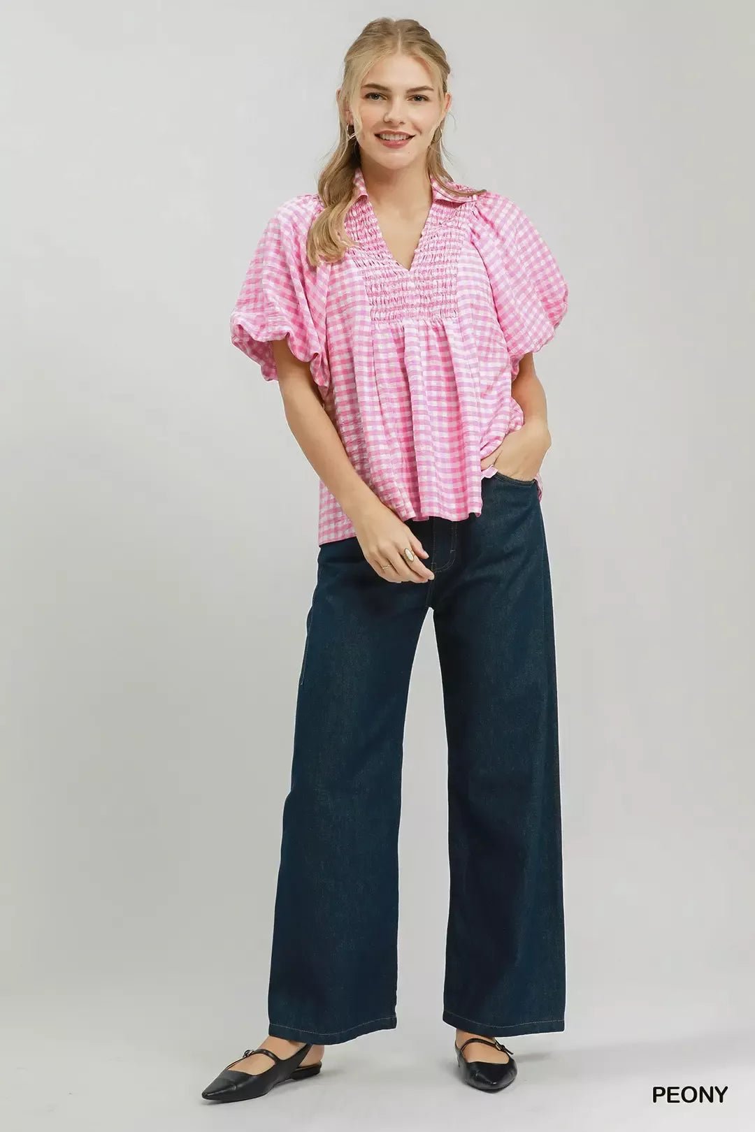 Umgee Smocked Yoke Puff Sleeve Gingham Blouse - Bitsy Gypsy Boutique
