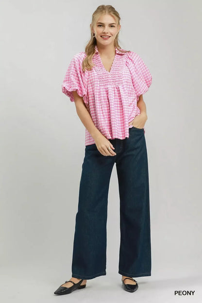 Umgee Smocked Yoke Puff Sleeve Gingham Blouse - Bitsy Gypsy Boutique