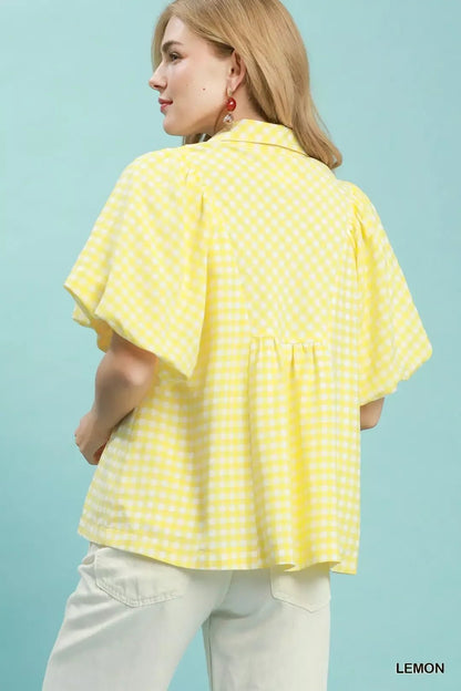 Umgee Smocked Yoke Puff Sleeve Gingham Blouse - Bitsy Gypsy Boutique