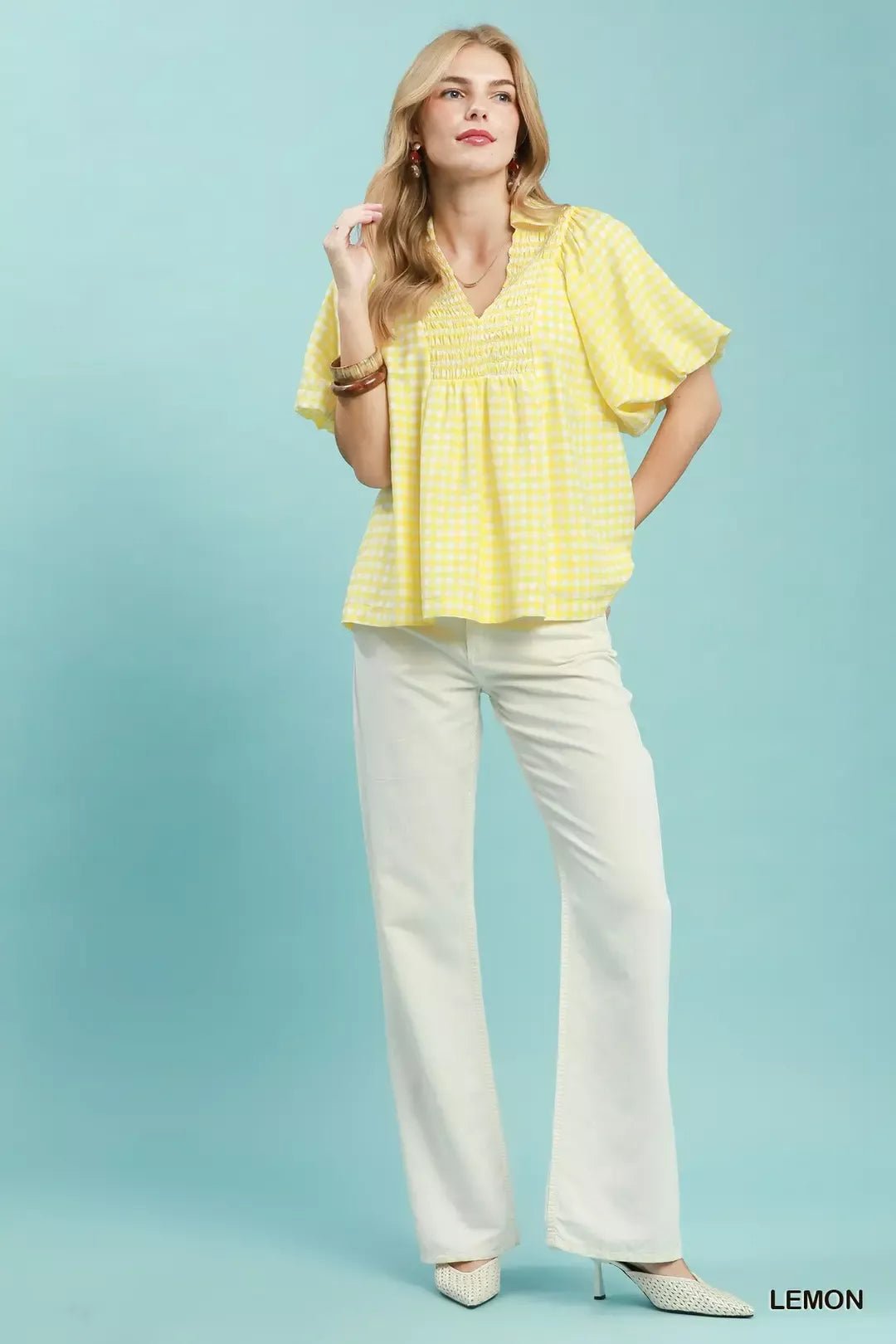 Umgee Smocked Yoke Puff Sleeve Gingham Blouse - Bitsy Gypsy Boutique