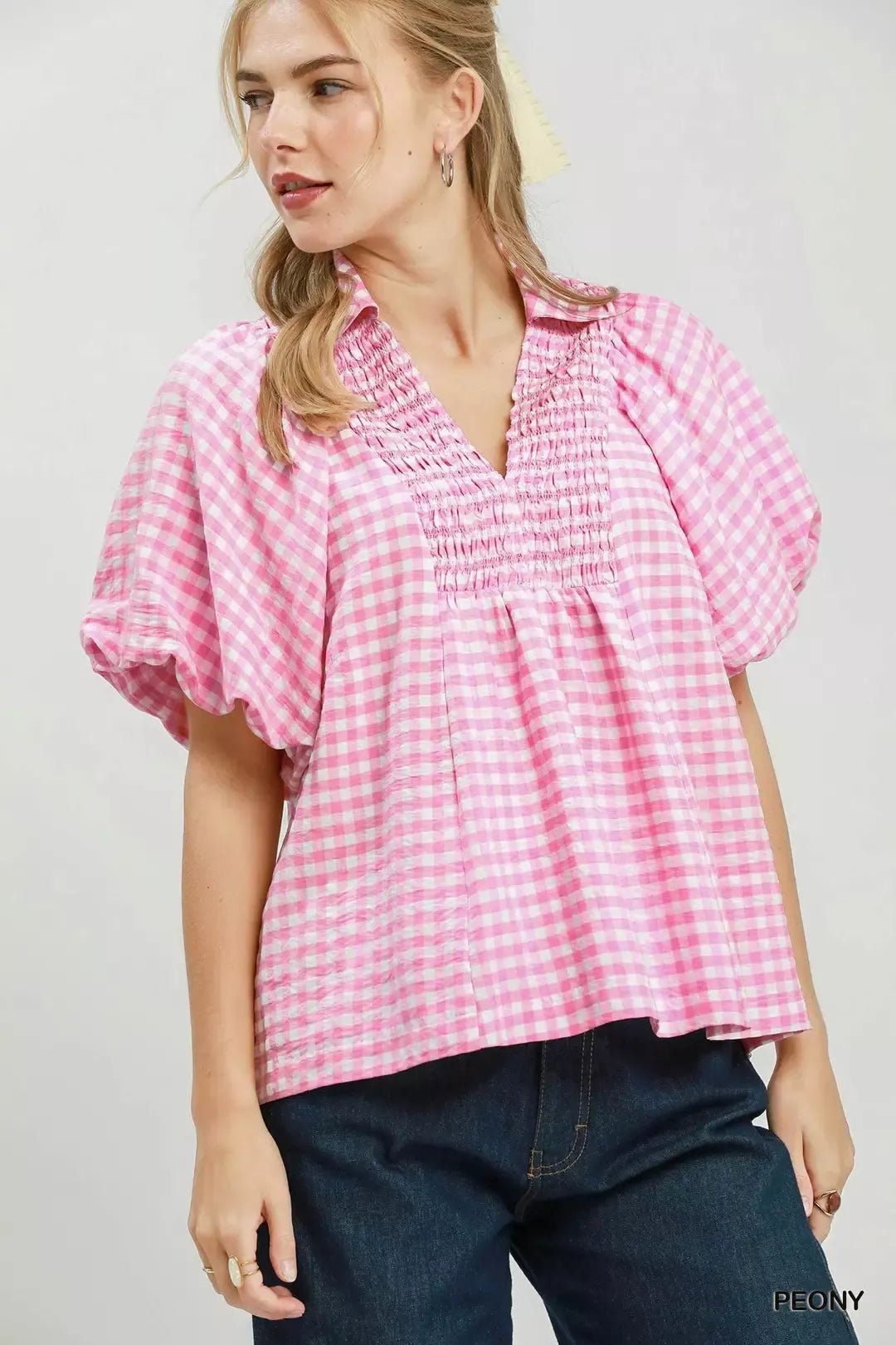 Umgee Smocked Yoke Puff Sleeve Gingham Blouse - Bitsy Gypsy Boutique