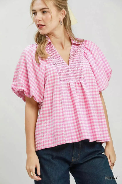 Umgee Smocked Yoke Puff Sleeve Gingham Blouse - Bitsy Gypsy Boutique