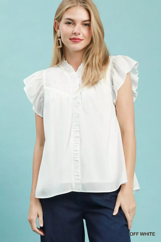 Umgee Smocked Yoke Ruffle Sleeve Blouse - Bitsy Gypsy Boutique