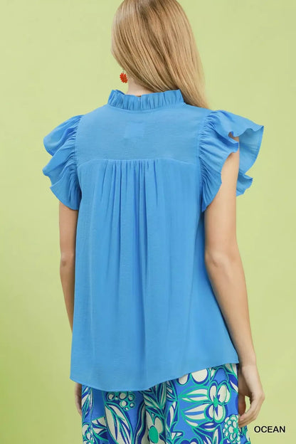 Umgee Smocked Yoke Ruffle Sleeve Blouse - Bitsy Gypsy Boutique