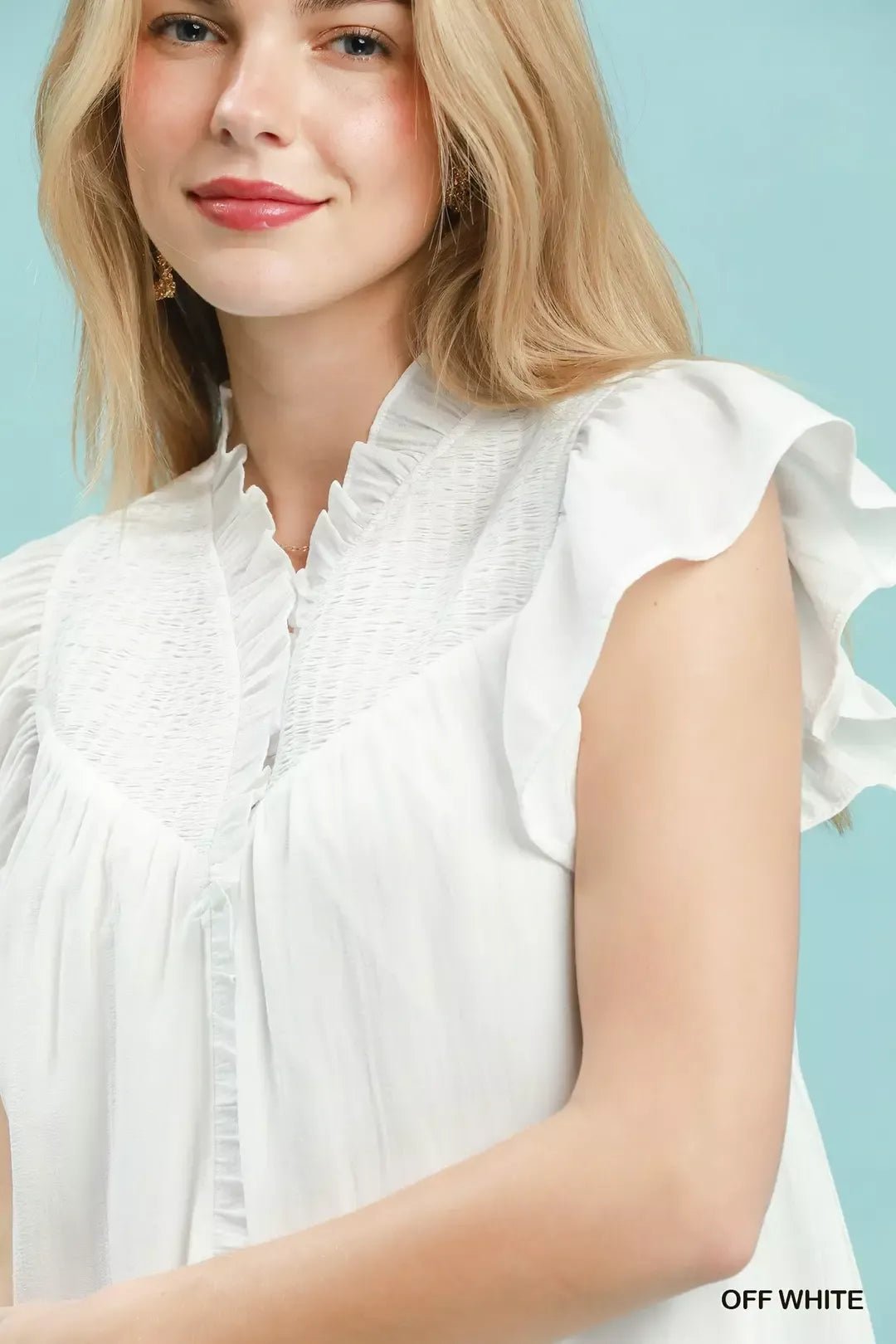 Umgee Smocked Yoke Ruffle Sleeve Blouse - Bitsy Gypsy Boutique