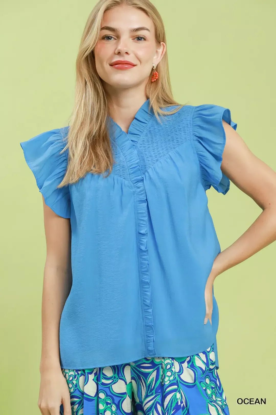 Umgee Smocked Yoke Ruffle Sleeve Blouse - Bitsy Gypsy Boutique