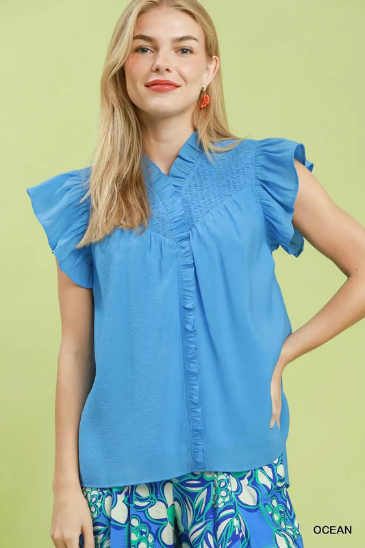 Umgee Smocked Yoke Ruffle Sleeve Blouse - Bitsy Gypsy Boutique