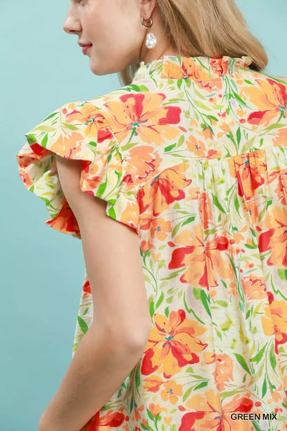 Umgee Smocked Yoke Ruffle Sleeve Floral Blouse - Bitsy Gypsy Boutique