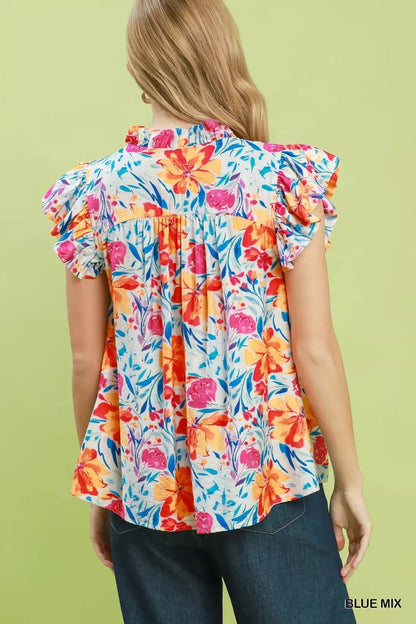 Umgee Smocked Yoke Ruffle Sleeve Floral Blouse - Bitsy Gypsy Boutique