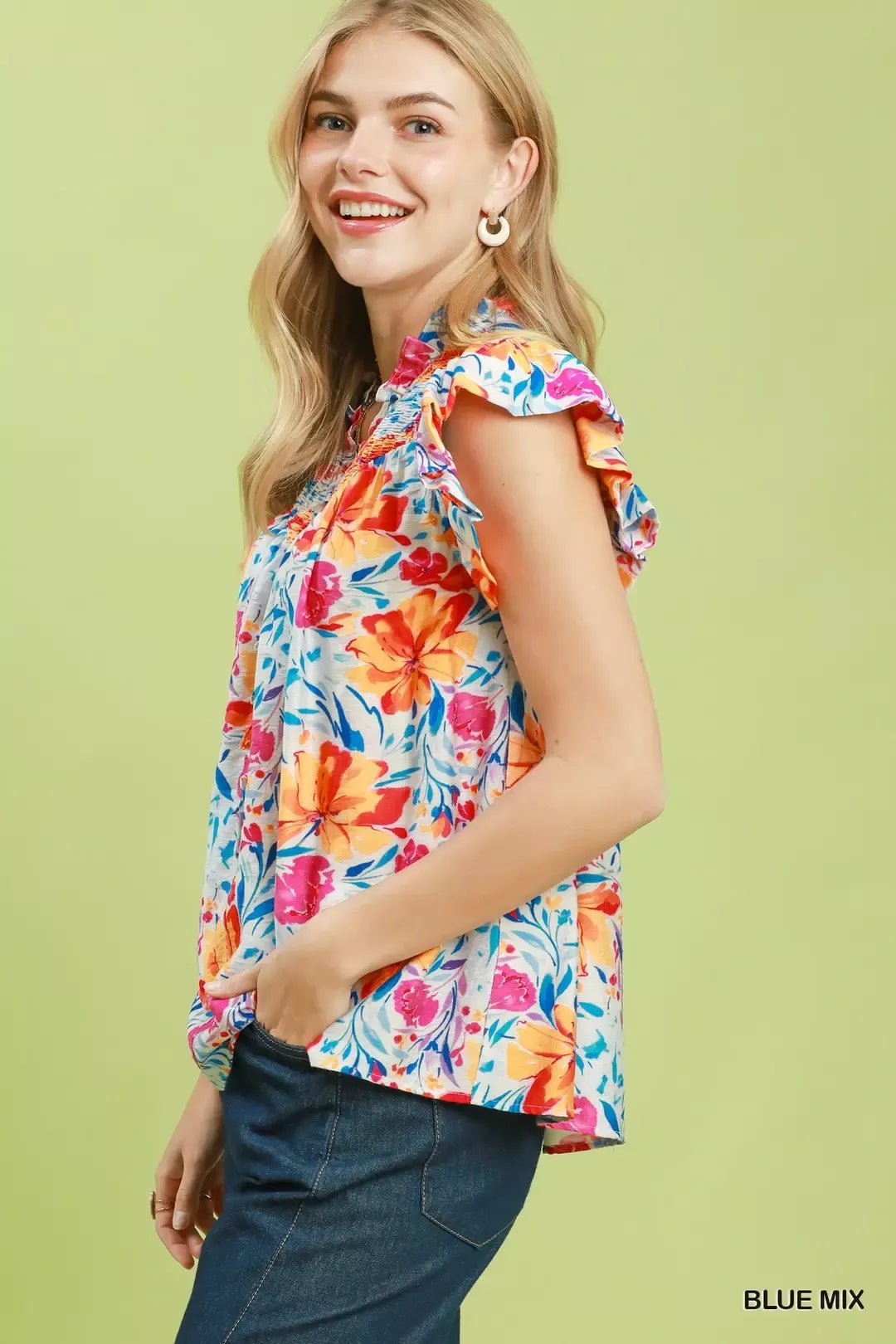 Umgee Smocked Yoke Ruffle Sleeve Floral Blouse - Bitsy Gypsy Boutique