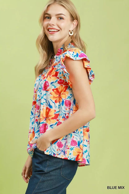 Umgee Smocked Yoke Ruffle Sleeve Floral Blouse - Bitsy Gypsy Boutique
