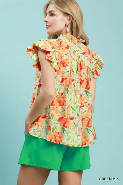 Umgee Smocked Yoke Ruffle Sleeve Floral Blouse - Bitsy Gypsy Boutique