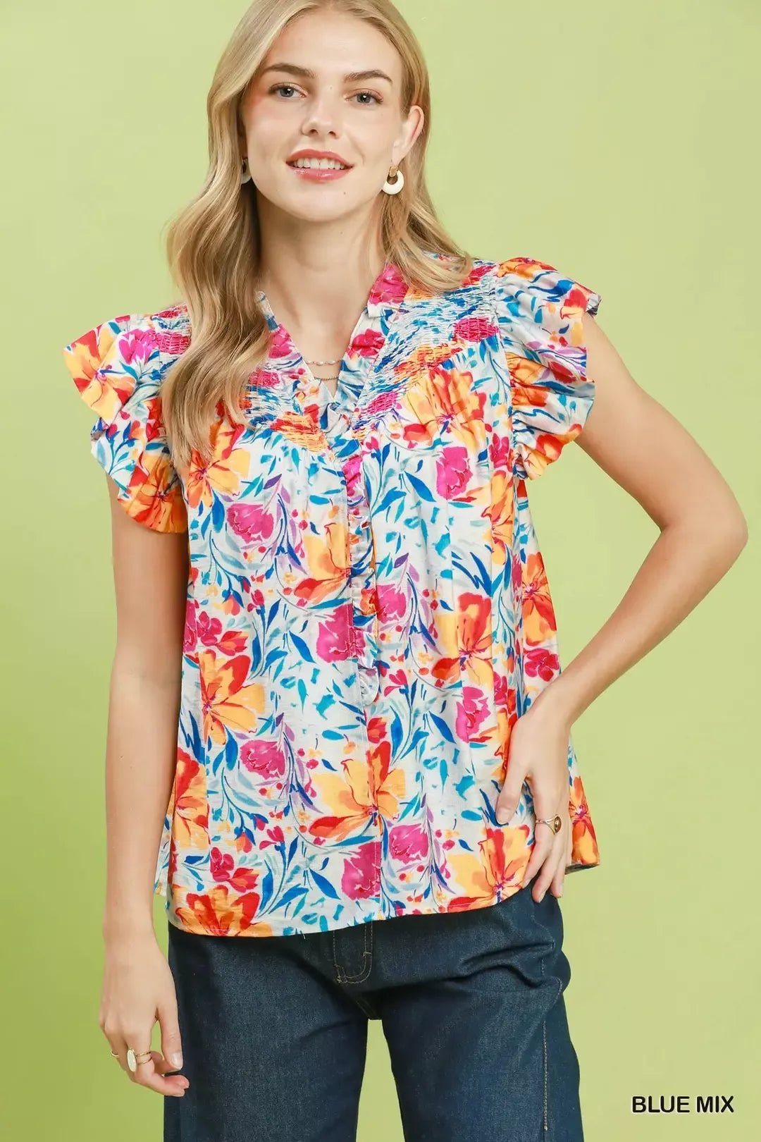Umgee Smocked Yoke Ruffle Sleeve Floral Blouse - Bitsy Gypsy Boutique