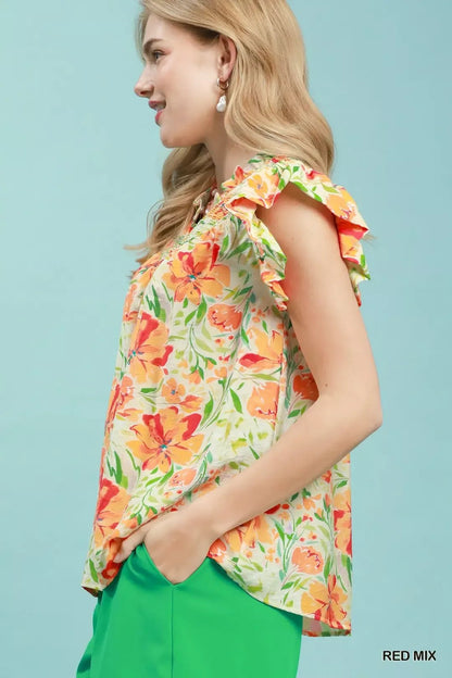 Umgee Smocked Yoke Ruffle Sleeve Floral Blouse - Bitsy Gypsy Boutique