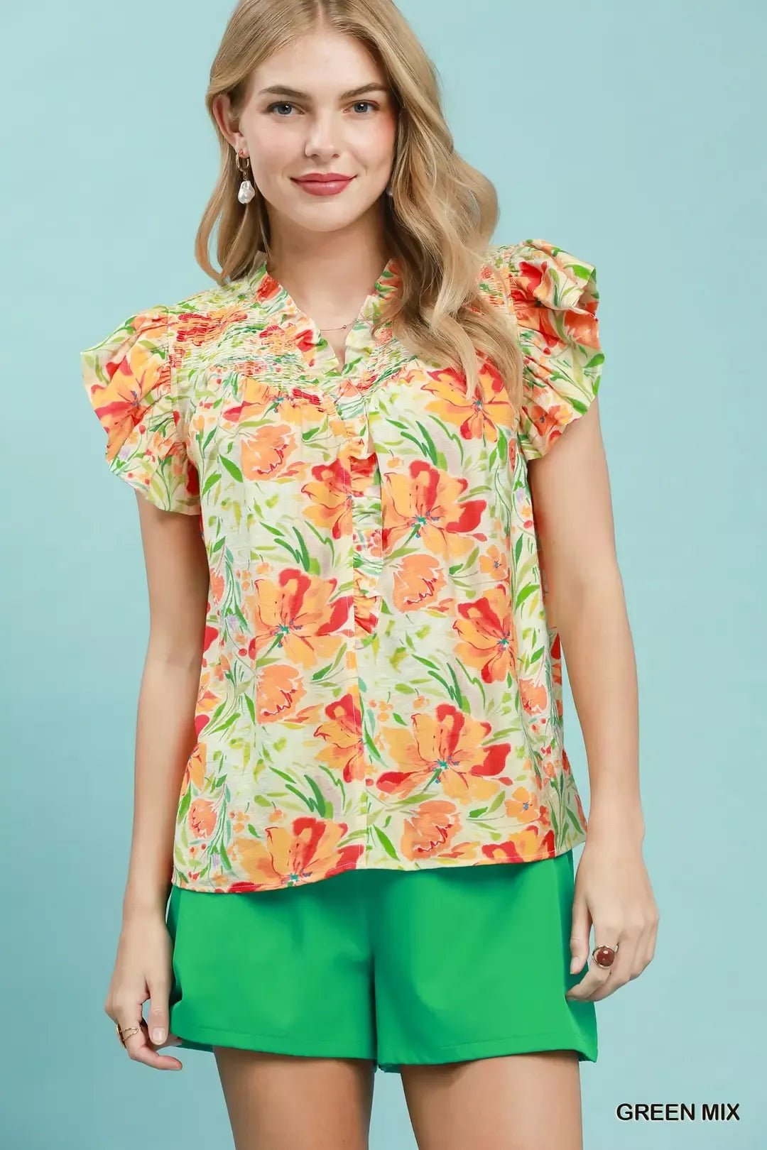 Umgee Smocked Yoke Ruffle Sleeve Floral Blouse - Bitsy Gypsy Boutique