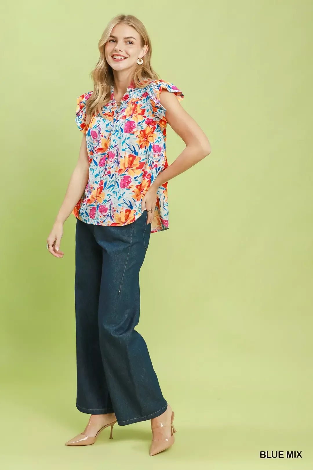 Umgee Smocked Yoke Ruffle Sleeve Floral Blouse - Bitsy Gypsy Boutique