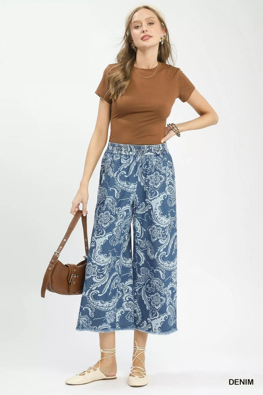 Umgee Stone Wash Wide Leg Crop Pants - Bitsy Gypsy Boutique