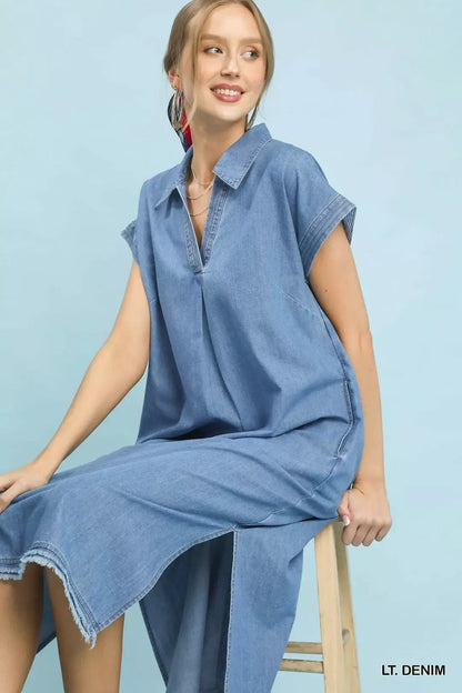 Umgee Stone Washed Collared Denim Midi Dress - Bitsy Gypsy Boutique