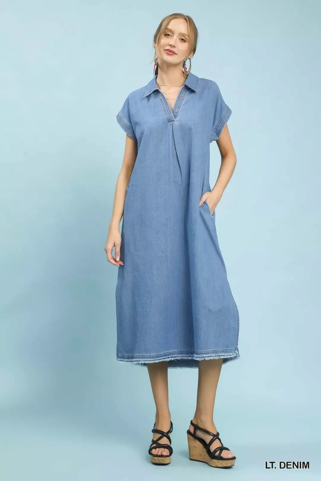 Umgee Stone Washed Collared Denim Midi Dress - Bitsy Gypsy Boutique