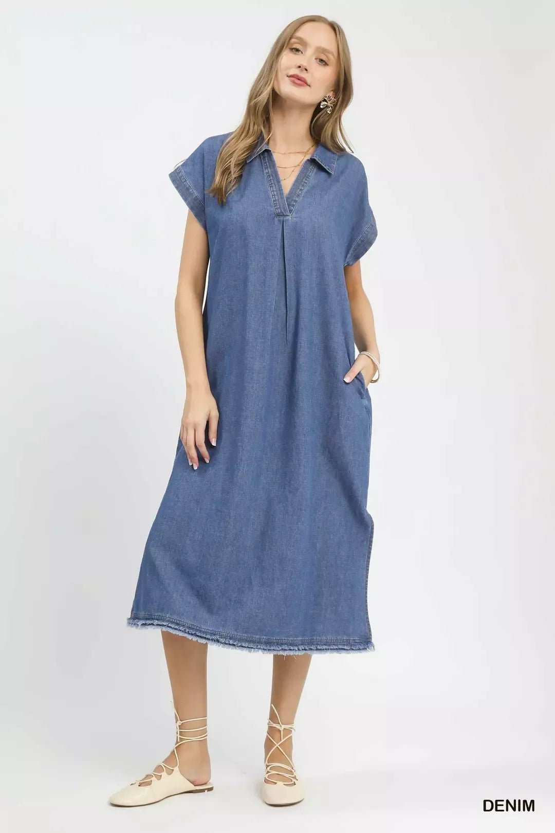 Umgee Stone Washed Collared Denim Midi Dress - Bitsy Gypsy Boutique