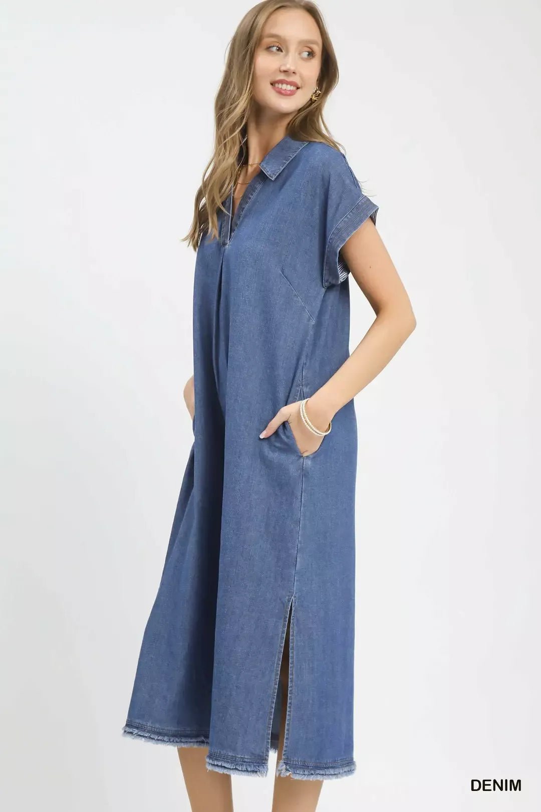 Umgee Stone Washed Collared Denim Midi Dress - Bitsy Gypsy Boutique