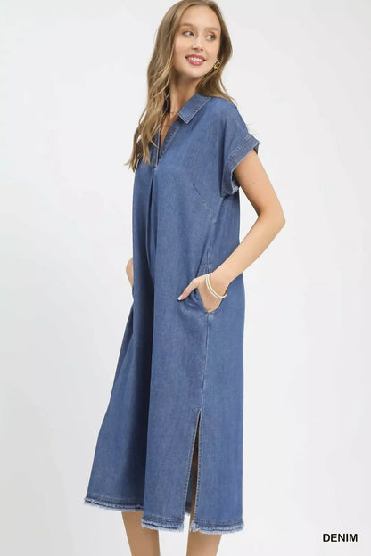 Umgee Stone Washed Collared Denim Midi Dress - Bitsy Gypsy Boutique