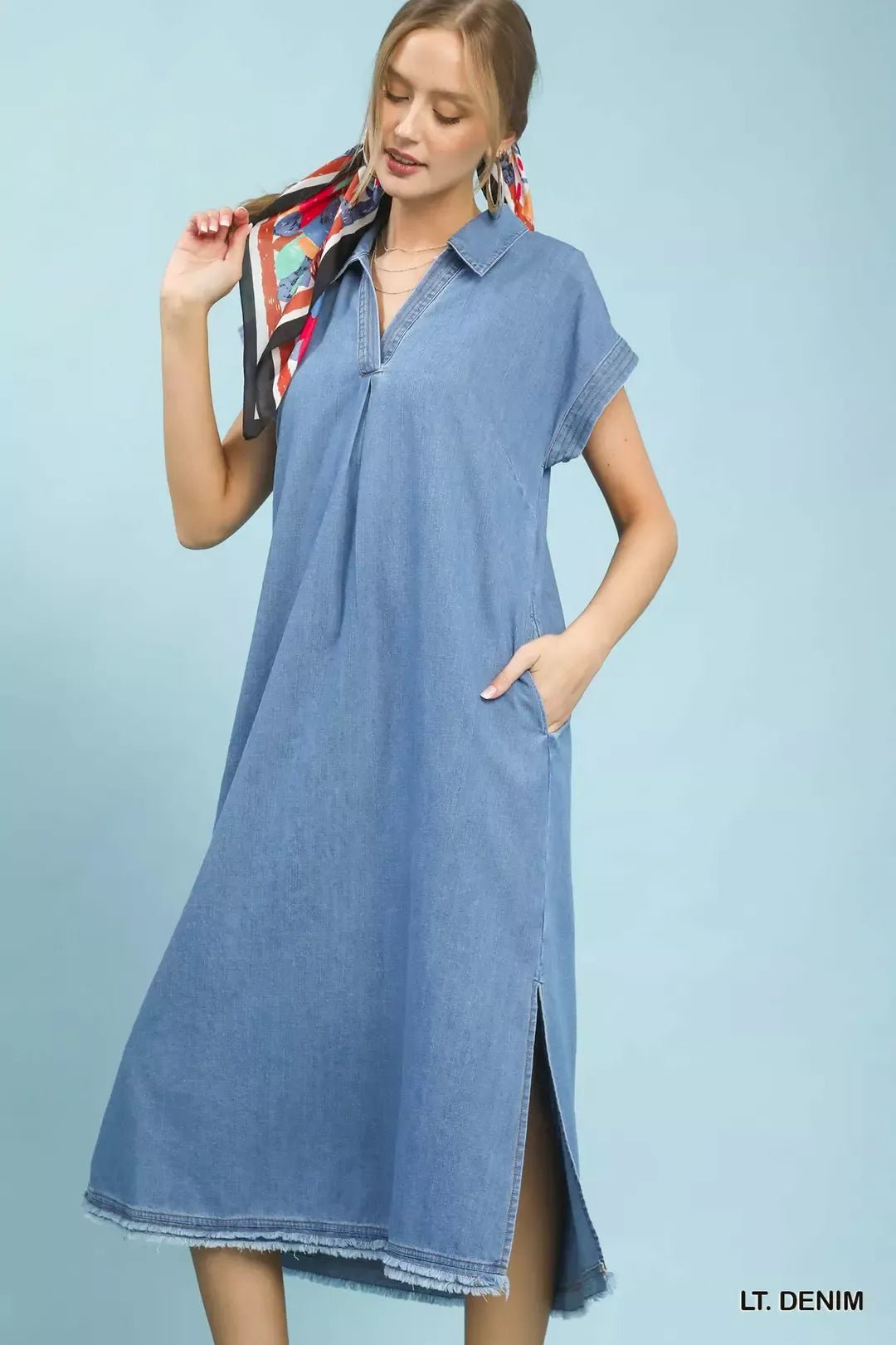 Umgee Stone Washed Collared Denim Midi Dress - Bitsy Gypsy Boutique
