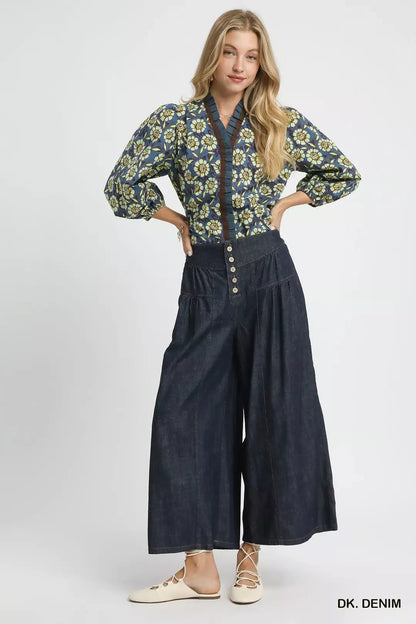 Umgee Stone Washed Wide - Leg Button - Front Culottes - Bitsy Gypsy Boutique