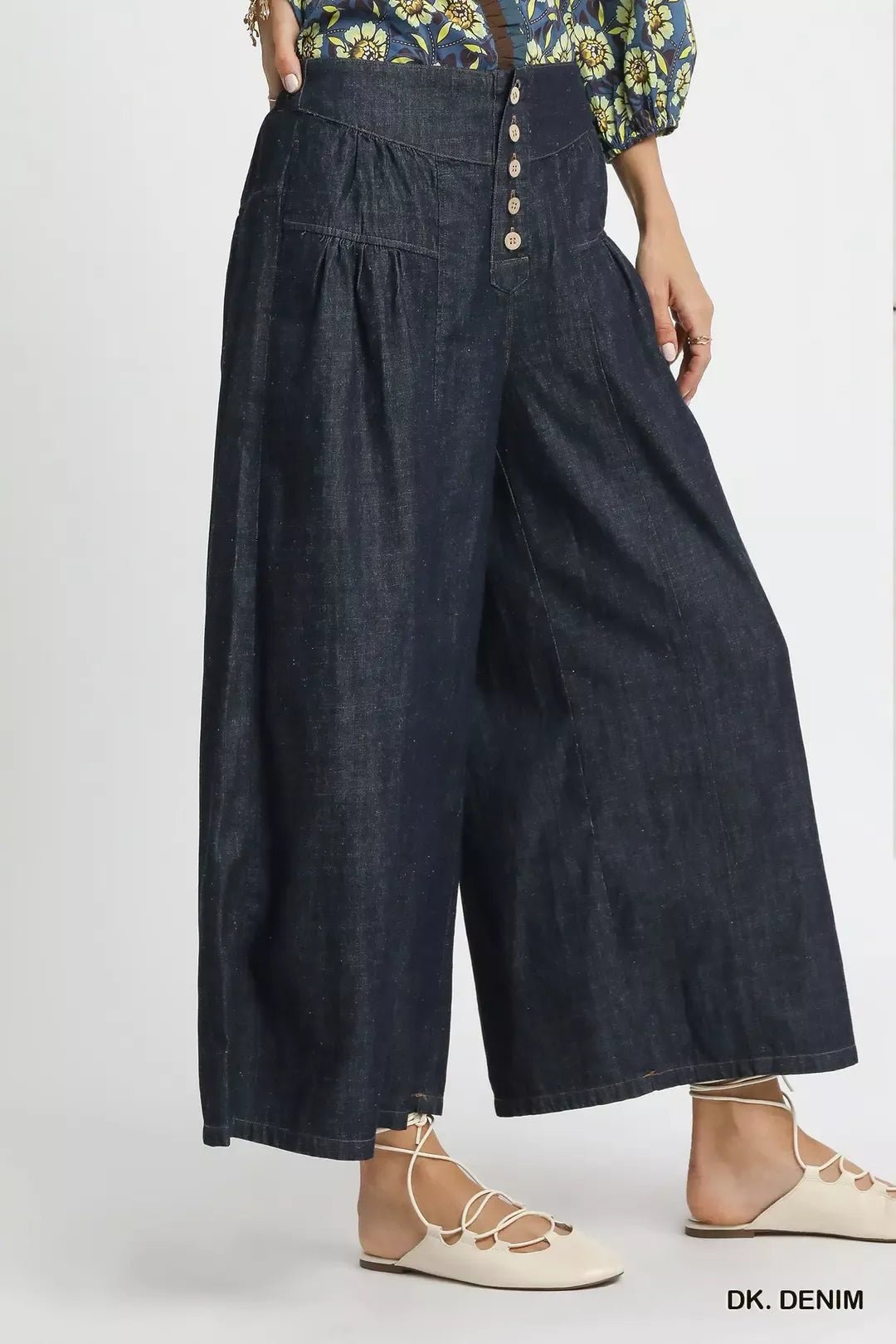 Umgee Stone Washed Wide - Leg Button - Front Culottes - Bitsy Gypsy Boutique