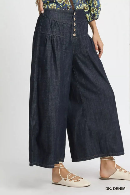 Umgee Stone Washed Wide - Leg Button - Front Culottes - Bitsy Gypsy Boutique