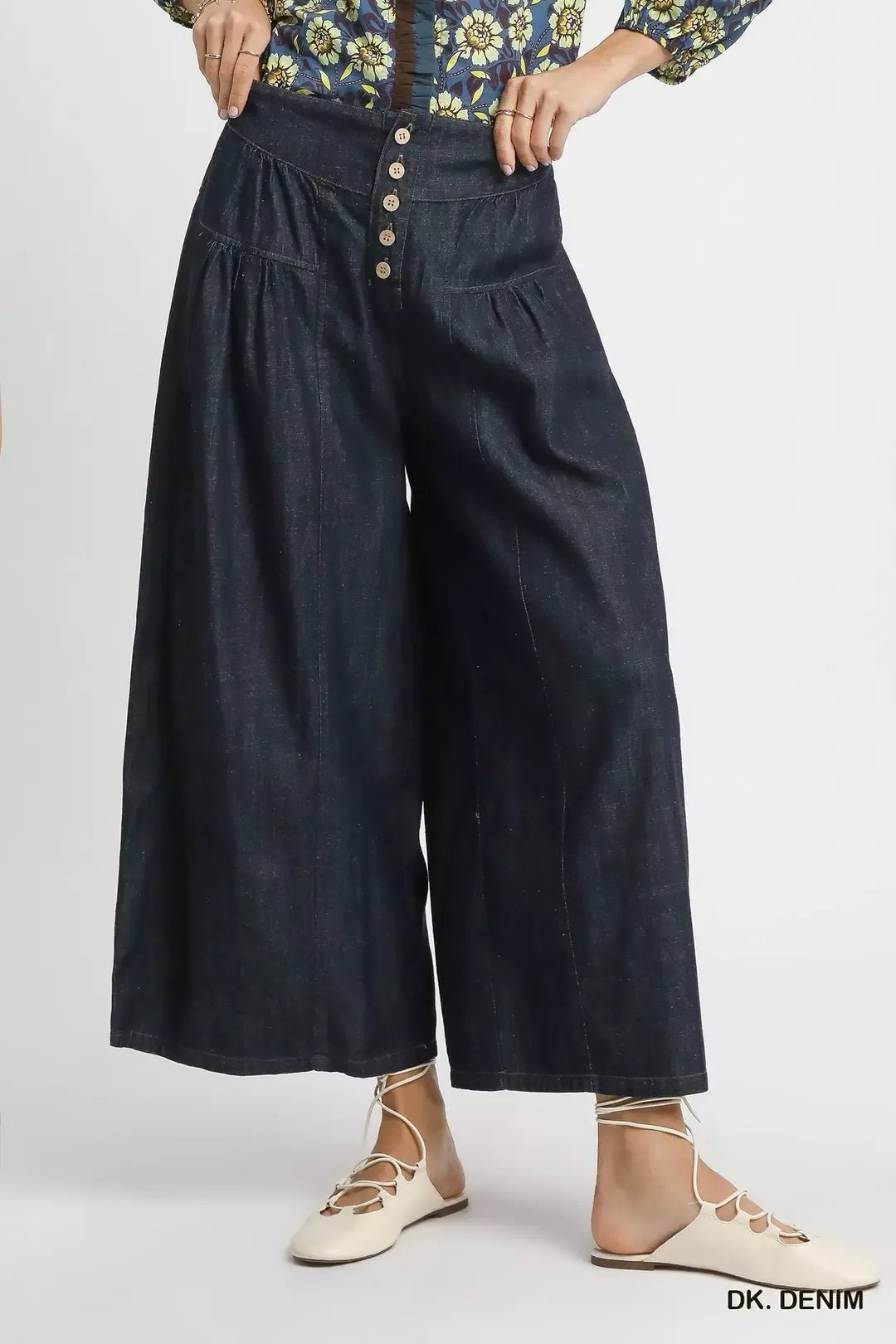 Umgee Stone Washed Wide - Leg Button - Front Culottes - Bitsy Gypsy Boutique