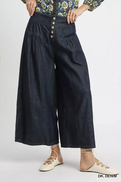 Umgee Stone Washed Wide - Leg Button - Front Culottes - Bitsy Gypsy Boutique
