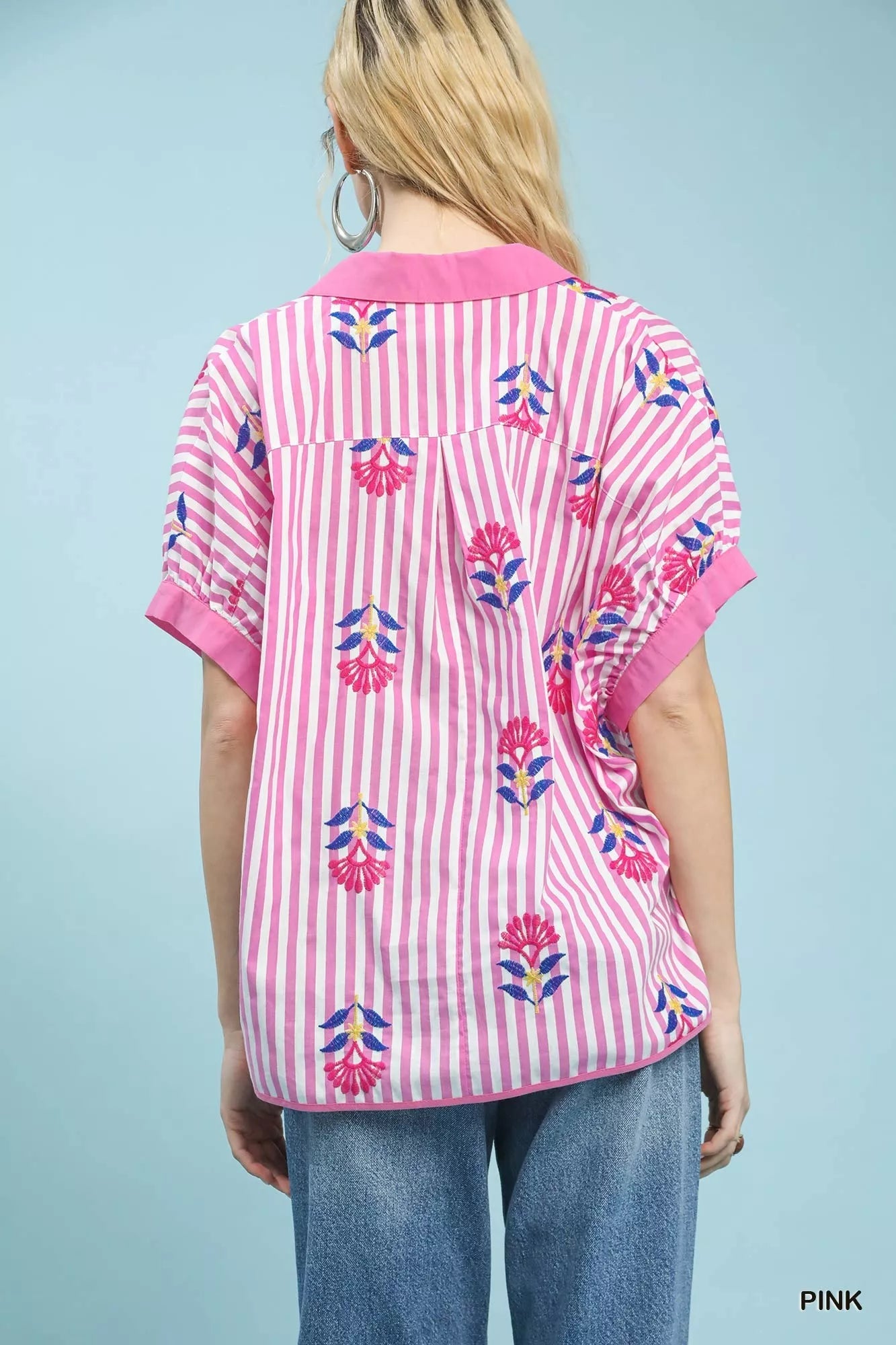 Umgee Stripe Embroidered Button - Front Boho Blouse - Bitsy Gypsy Boutique