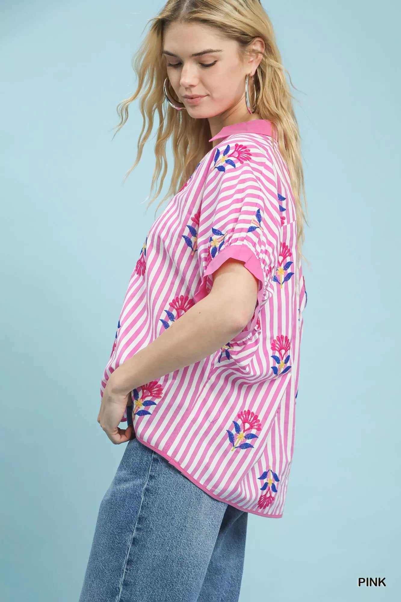 Umgee Stripe Embroidered Button - Front Boho Blouse - Bitsy Gypsy Boutique