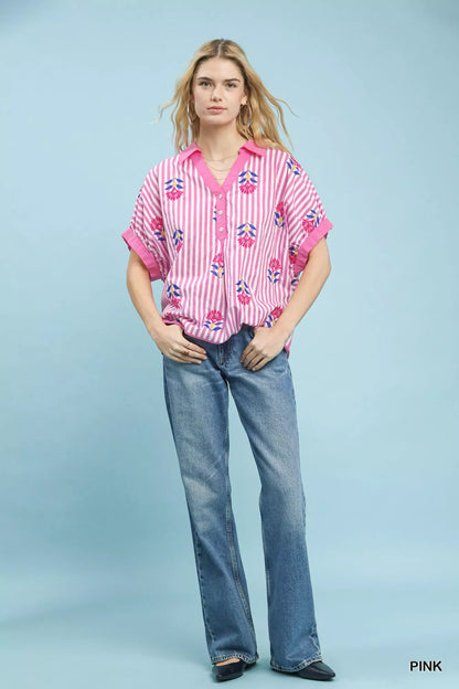 Umgee Stripe Embroidered Button - Front Boho Blouse - Bitsy Gypsy Boutique