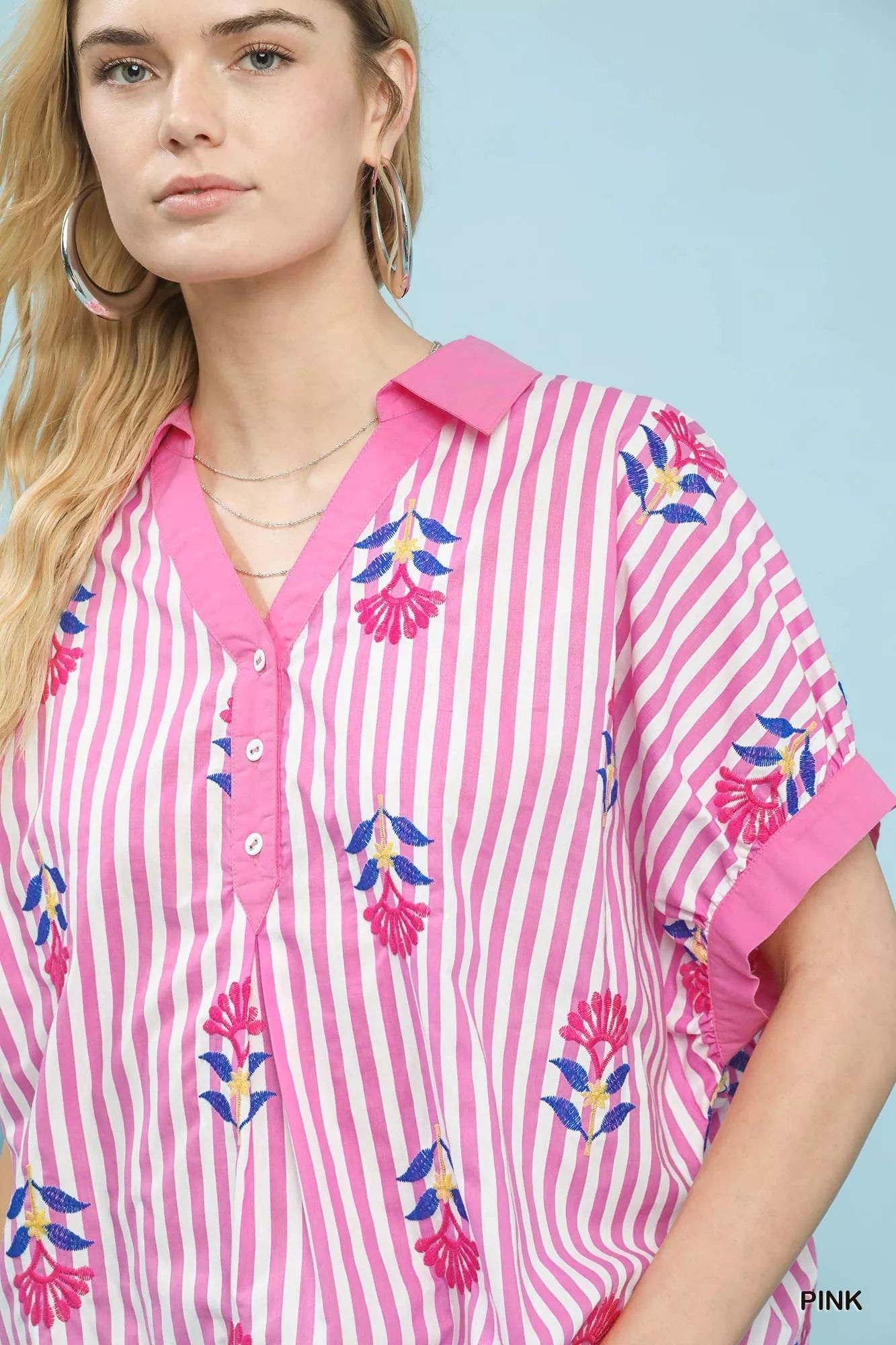 Umgee Stripe Embroidered Button - Front Boho Blouse - Bitsy Gypsy Boutique