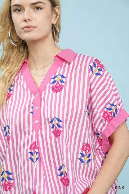 Umgee Stripe Embroidered Button - Front Boho Blouse - Bitsy Gypsy Boutique