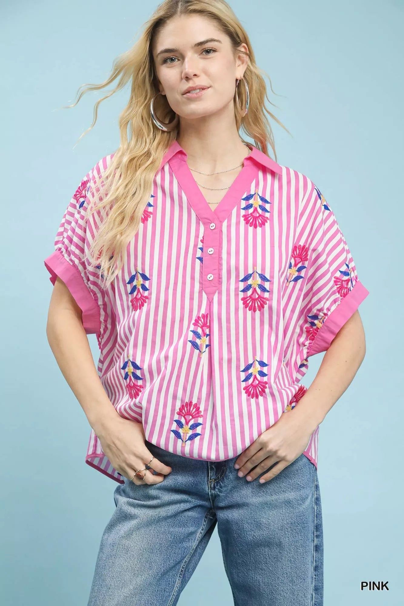 Umgee Stripe Embroidered Button - Front Boho Blouse - Bitsy Gypsy Boutique