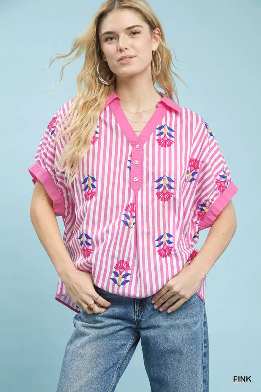 Umgee Stripe Embroidered Button - Front Boho Blouse - Bitsy Gypsy Boutique