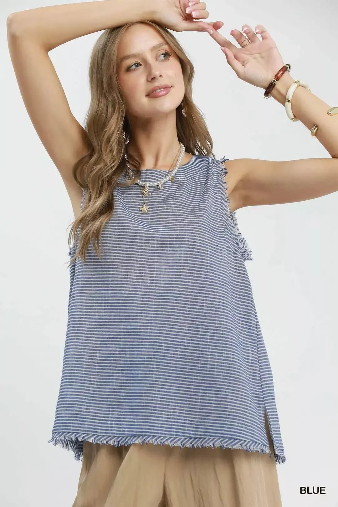 Umgee Stripe Fringe Trim Sleeveless Top - Bitsy Gypsy Boutique
