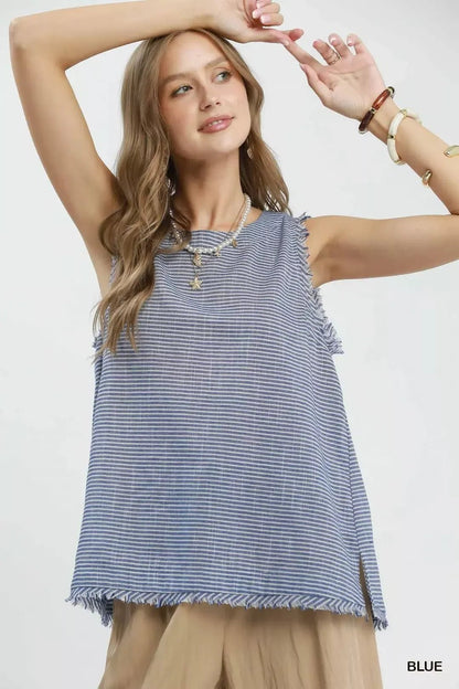 Umgee Stripe Fringe Trim Sleeveless Top - Bitsy Gypsy Boutique
