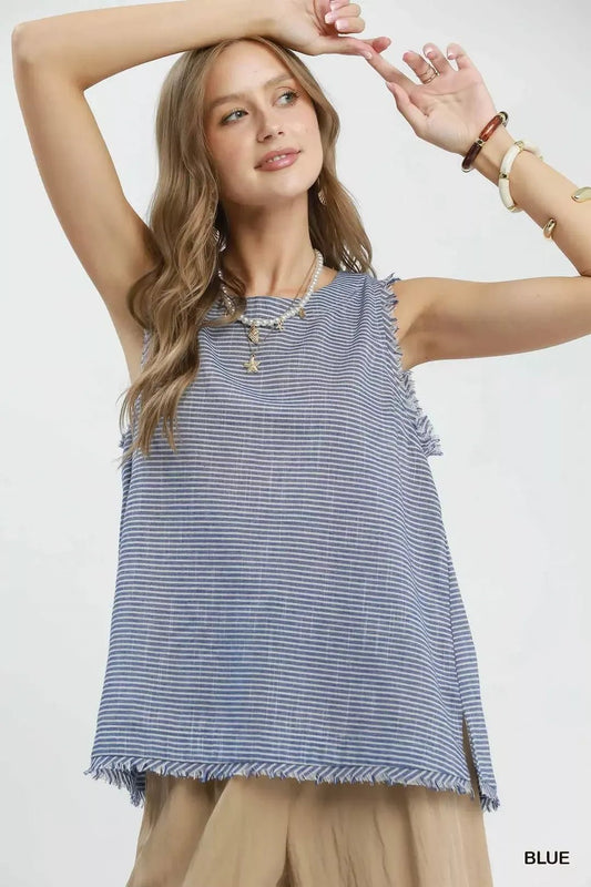 Umgee Stripe Fringe Trim Sleeveless Top - Bitsy Gypsy Boutique