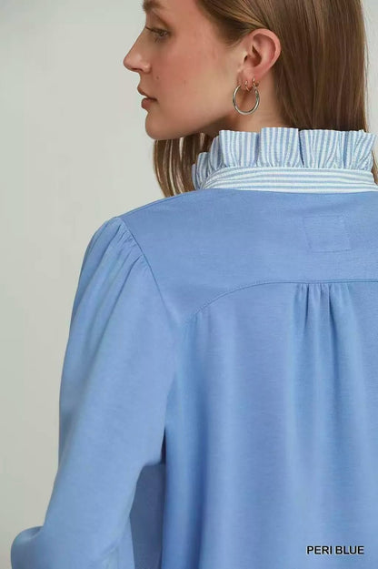 Umgee Stripe Ruffle Neck Long Sleeve Top - Bitsy Gypsy Boutique