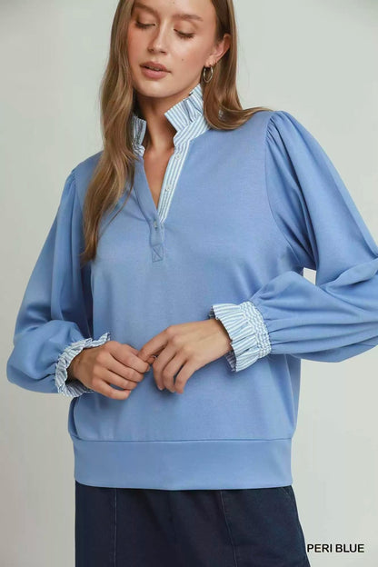 Umgee Stripe Ruffle Neck Long Sleeve Top - Bitsy Gypsy Boutique