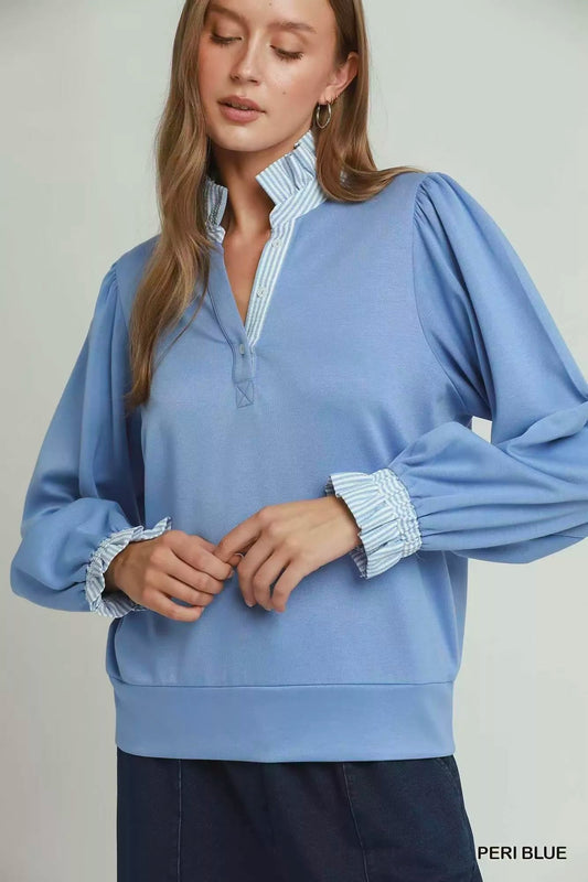 Umgee Stripe Ruffle Neck Long Sleeve Top - Bitsy Gypsy Boutique