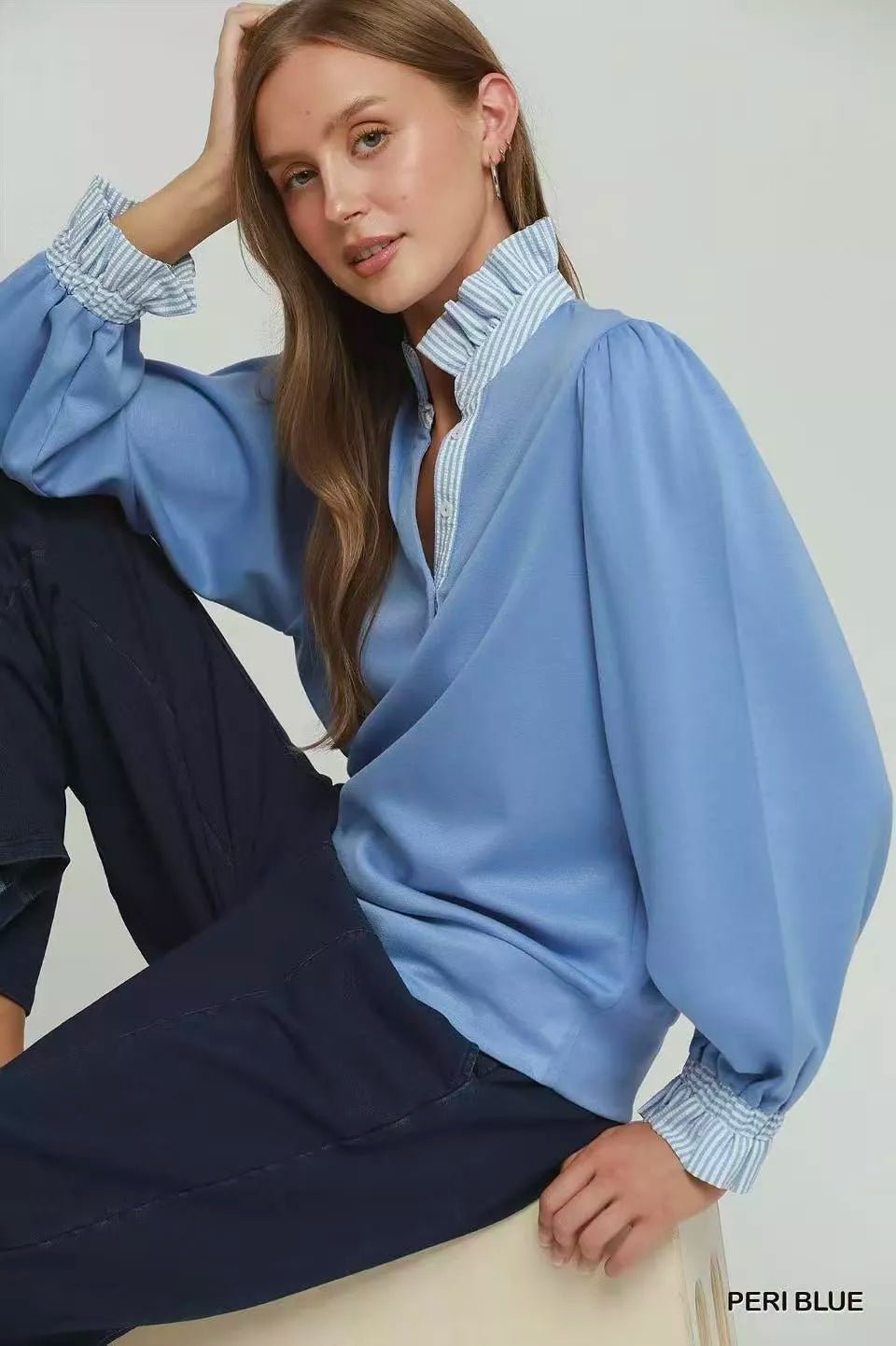 Umgee Stripe Ruffle Neck Long Sleeve Top - Bitsy Gypsy Boutique