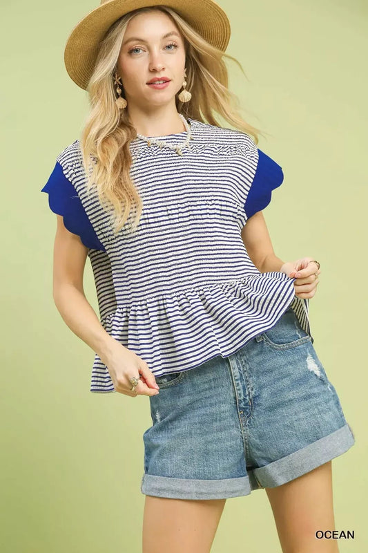 Umgee Stripe Ruffle Sleeve Peplum Top - Bitsy Gypsy Boutique