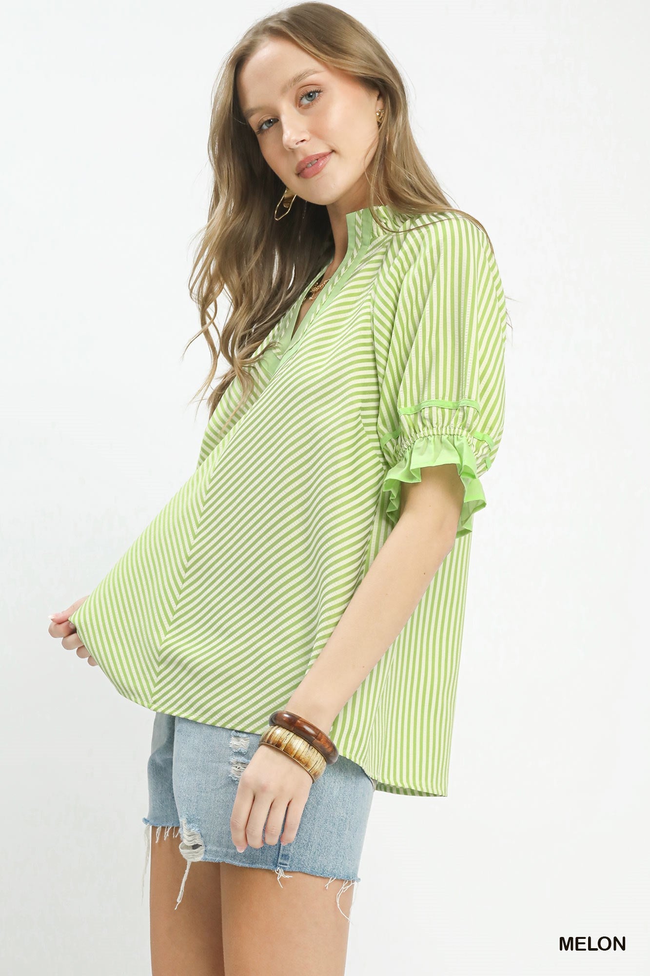Umgee Stripe Ruffle Sleeve Split - Neck Blouse - Bitsy Gypsy Boutique
