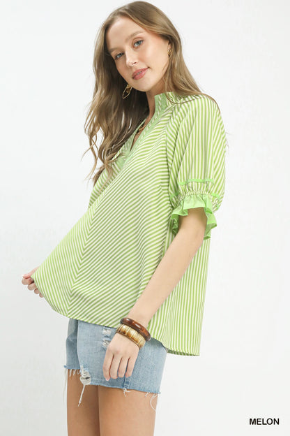 Umgee Stripe Ruffle Sleeve Split - Neck Blouse - Bitsy Gypsy Boutique